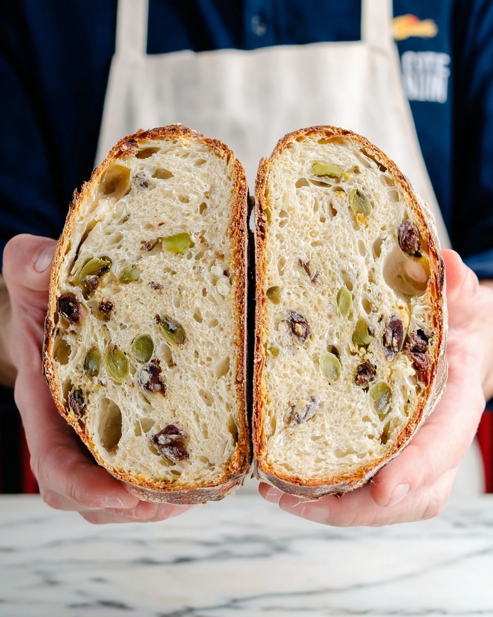 Two halves of a loaf of bread are held by a person's two hands. The bread has a golden brown crust with a slightly rough texture. The inside is soft and pale with scattered pieces of chopped green and dark olives embedded throughout the airy crumb. The background shows a white marbled surface with part of a white apron and a dark blue shirt visible. photo taken with an iphone --ar 4:5 --v 7