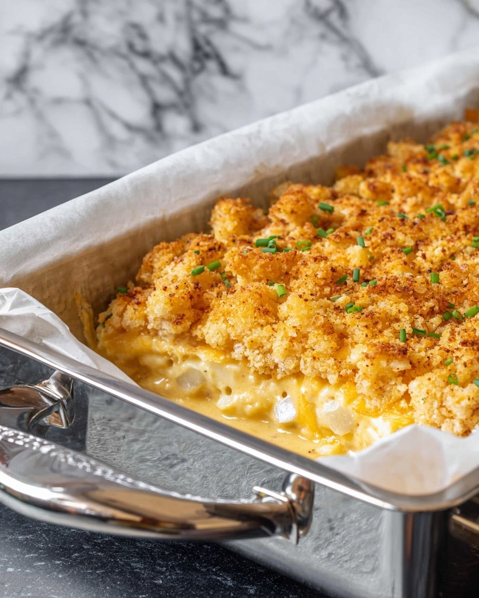 A shiny silver rectangular baking dish lined with white parchment paper holds a deep casserole with three visible layers: the bottom layer is creamy and pale yellow, mixed with small white pieces, the middle layer is a slightly thicker golden cheese sauce, and the top layer is a crumbly, textured crust with golden brown bits and light brown sprinkled seasoning, garnished with tiny green herbs. The dish sits on a dark surface with a white marbled background behind it. Photo taken with an iphone --ar 4:5 --v 7