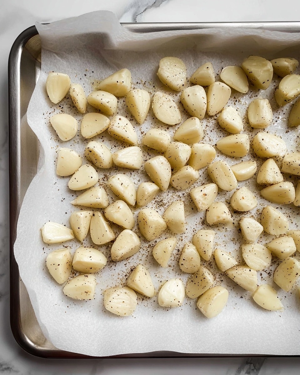 The image shows a baking tray lined with white parchment paper, filled with about fifty evenly spaced pieces of peeled garlic cloves. Each clove is light cream in color with a soft, smooth texture and is sprinkled with a light layer of black pepper. The cloves are distributed across the tray in a scattered but balanced manner. The tray sits on a white marbled surface, and the scene looks ready for roasting. Photo taken with an iphone --ar 4:5 --v 7