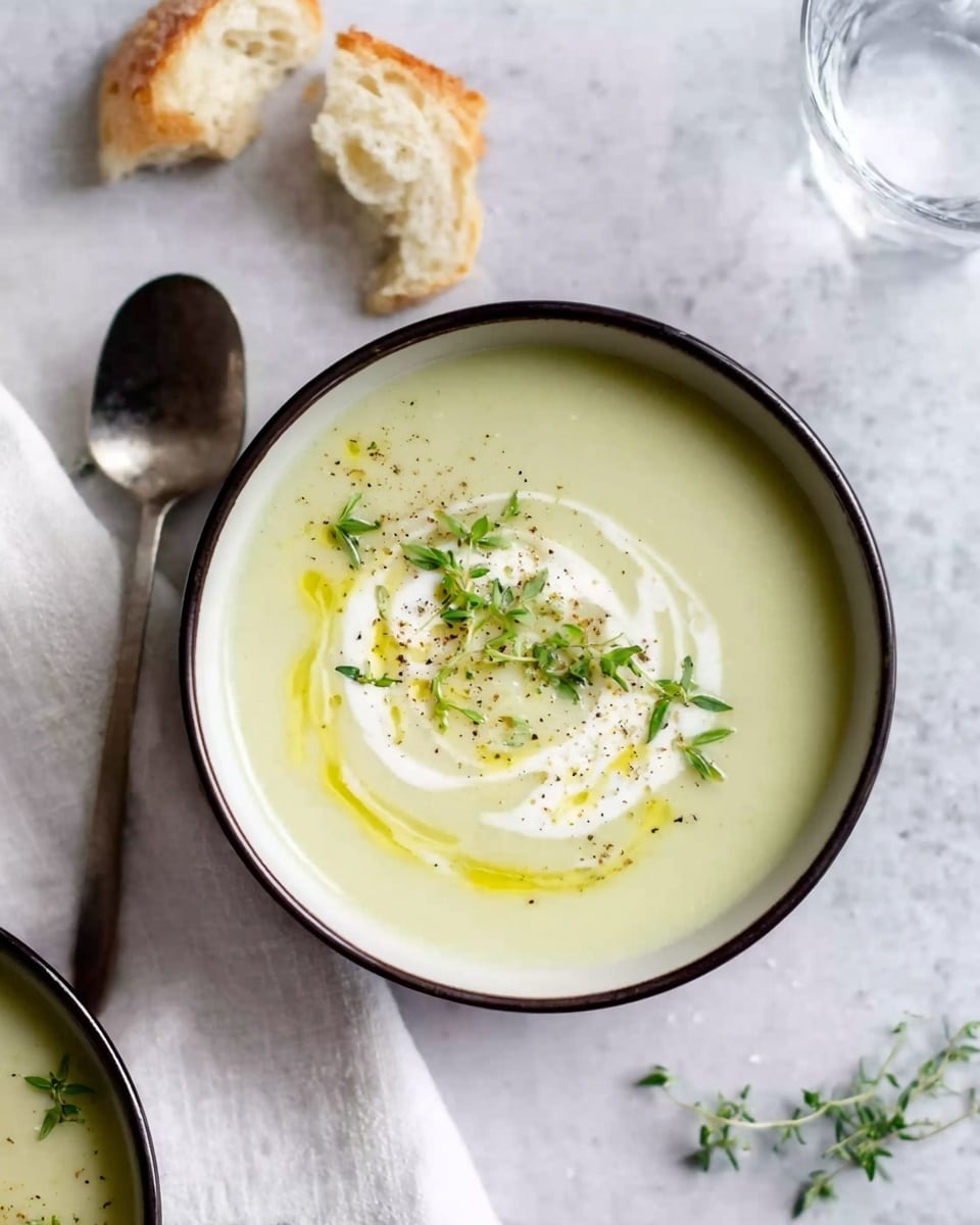 A bowl of light green creamy soup fills a white bowl with a dark rim, topped with a swirl of white cream, a drizzle of yellow oil, small green herb leaves scattered on top, and a sprinkle of black pepper. The bowl sits on a white marbled texture surface next to a silver spoon on a white cloth napkin. Pieces of torn light brown bread are placed near the spoon, and a clear glass of water is visible in the upper right corner. Small green herb sprigs are scattered around the bowl. Photo taken with an iphone --ar 4:5 --v 7