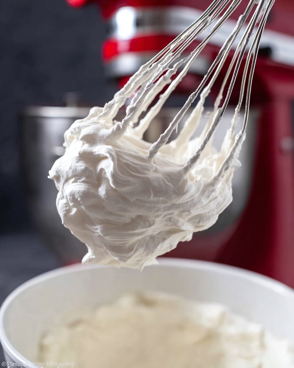 A close-up view of a metal whisk attachment covered with thick, smooth white cream, held above a white bowl filled with more cream. The top part of a red stand mixer is visible in the background, with a dark blurred backdrop behind it. The texture of the cream looks soft and fluffy, clinging evenly to the whisk wires. photo taken with an iphone --ar 4:5 --v 7
