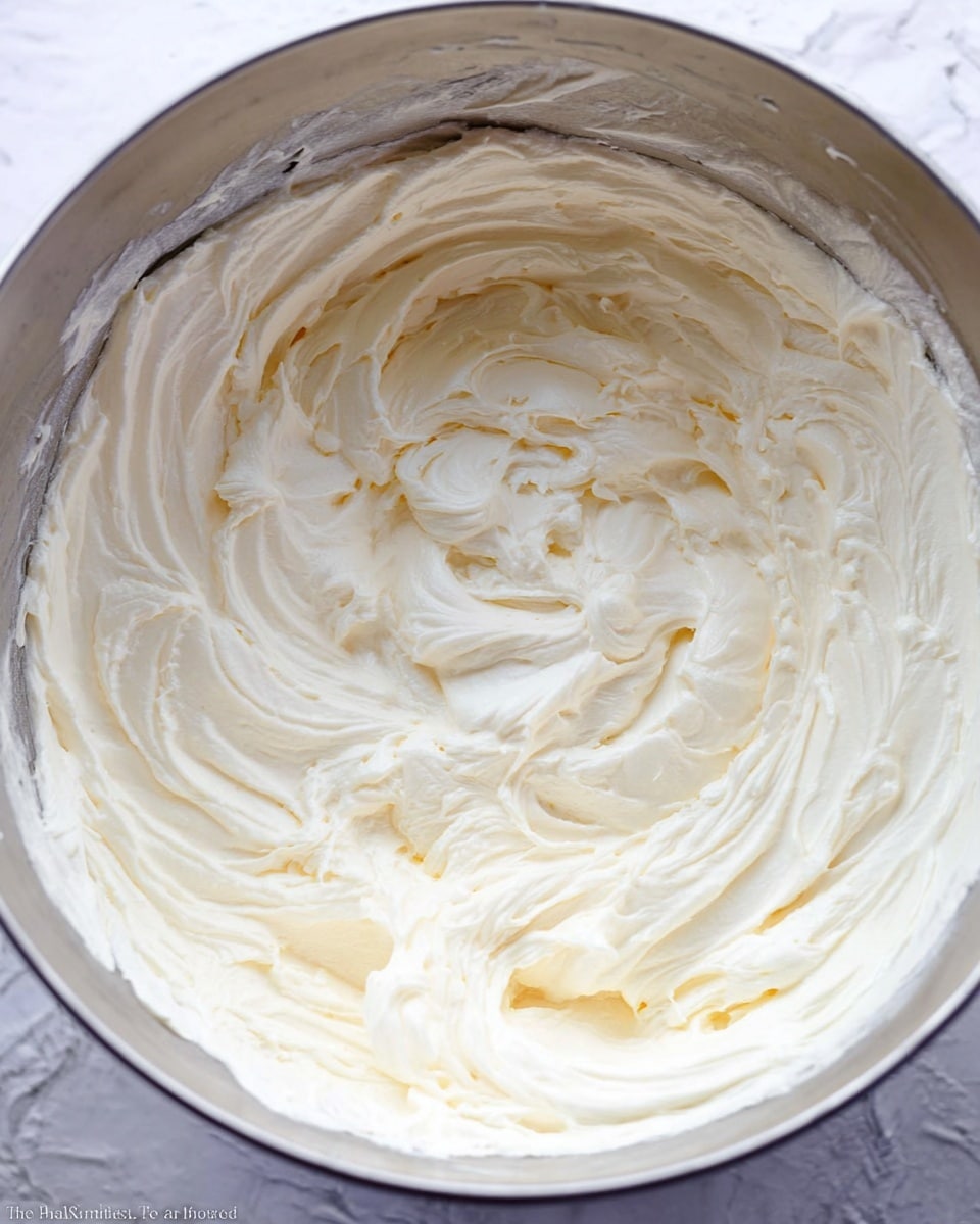 The image shows a close-up view of a creamy white mixture in a metal bowl, swirled with soft, smooth texture and light peaks, showing its thick and fluffy consistency. The mixture fills the bowl unevenly, with some areas showing deeper indentations and others lightly whipped, all in a single creamy pale layer. The bowl sits against a background with a white marbled texture, enhancing the visual simplicity and focus on the smooth cream. photo taken with an iphone --ar 4:5 --v 7