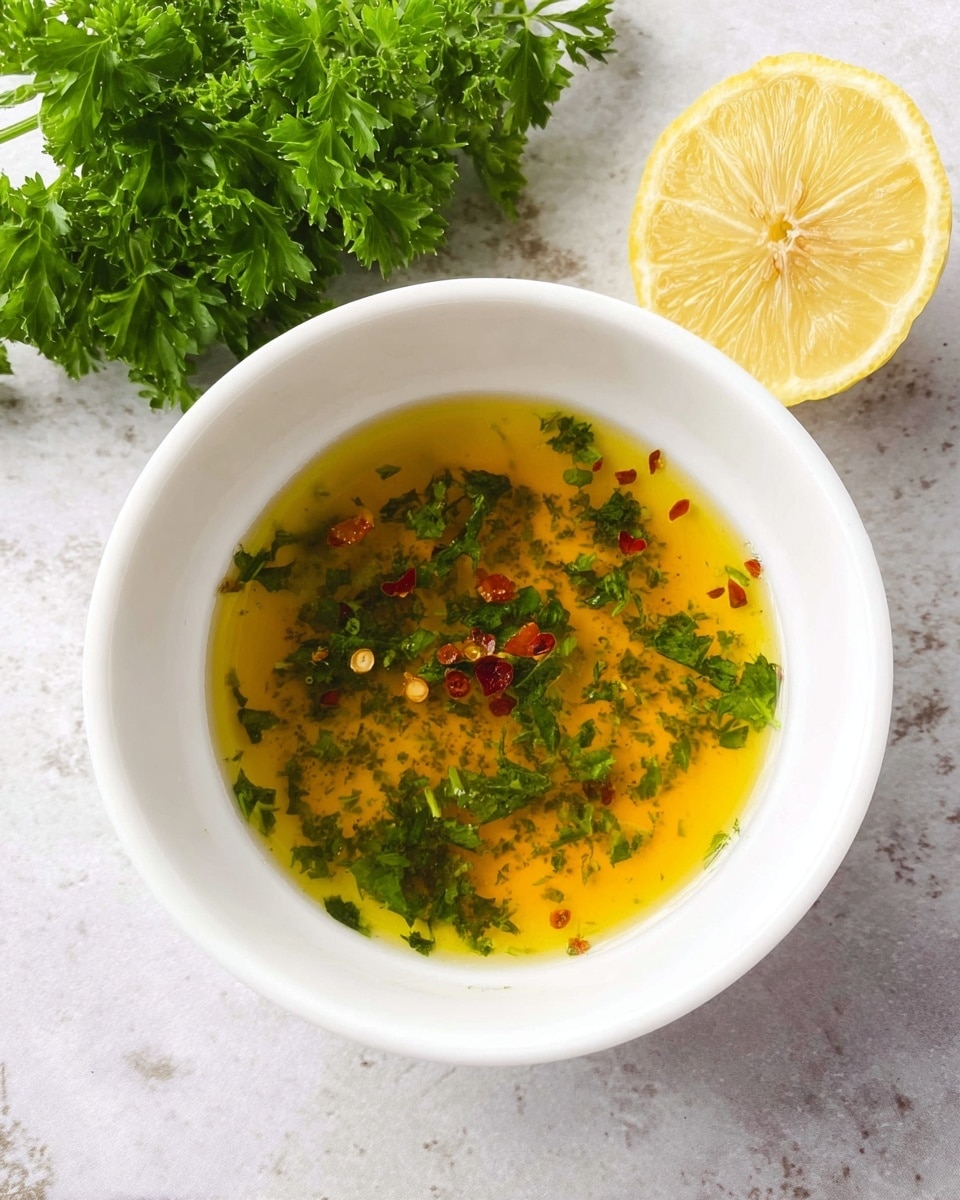 A white bowl filled with a bright golden liquid dressing that has tiny green chopped herbs and some red chili flakes floating on top. To the upper left of the bowl, there is fresh green parsley with curly leaves, and to the upper right, a half-cut lemon shows a juicy yellow inside. The bowl is placed on a white marbled surface. photo taken with an iphone --ar 4:5 --v 7