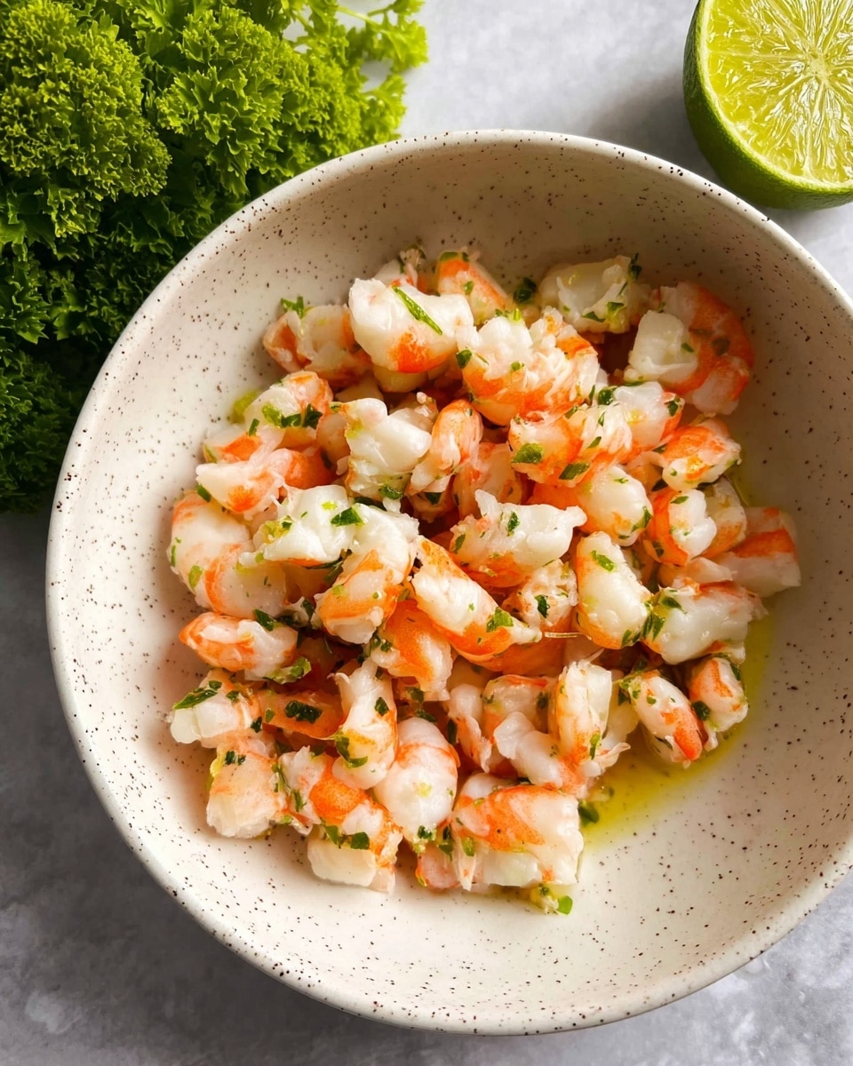 A close-up image of a bowl filled with small, bite-sized pieces of cooked shrimp that are white and bright orange in color, spread evenly in the bowl. The shrimp is mixed with small green herbs and glistens with a light drizzle of olive oil. The bowl is white with tiny speckles and sits on a surface with a white marbled texture. Behind the bowl, there is a bunch of curly green parsley and a half lime showing its juicy yellow-green inside. Photo taken with an iphone --ar 4:5 --v 7