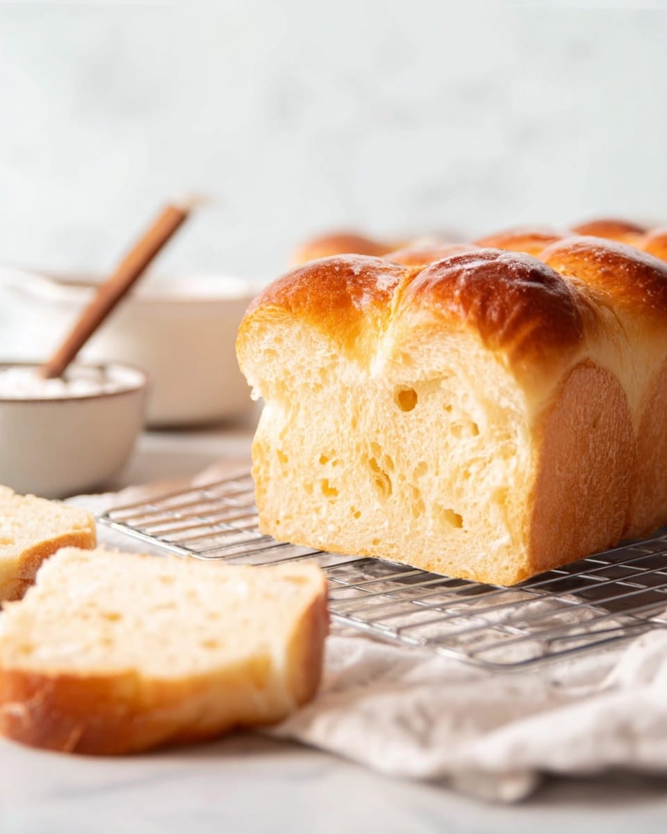 The image shows a loaf of bread with a golden-brown crust sitting on a metal cooling rack. The bread is cut to show a soft, airy inside with small holes, indicating a light texture. The loaf has two visible layers of fluffy bread rolls closely packed together, with a shiny and slightly crisp top. In the foreground, a piece of the bread is placed beside the loaf, showing its similar texture and color. A white marbled surface is underneath, with a small bowl and a wooden-handled spoon blurred in the background. Photo taken with an iphone --ar 4:5 --v 7