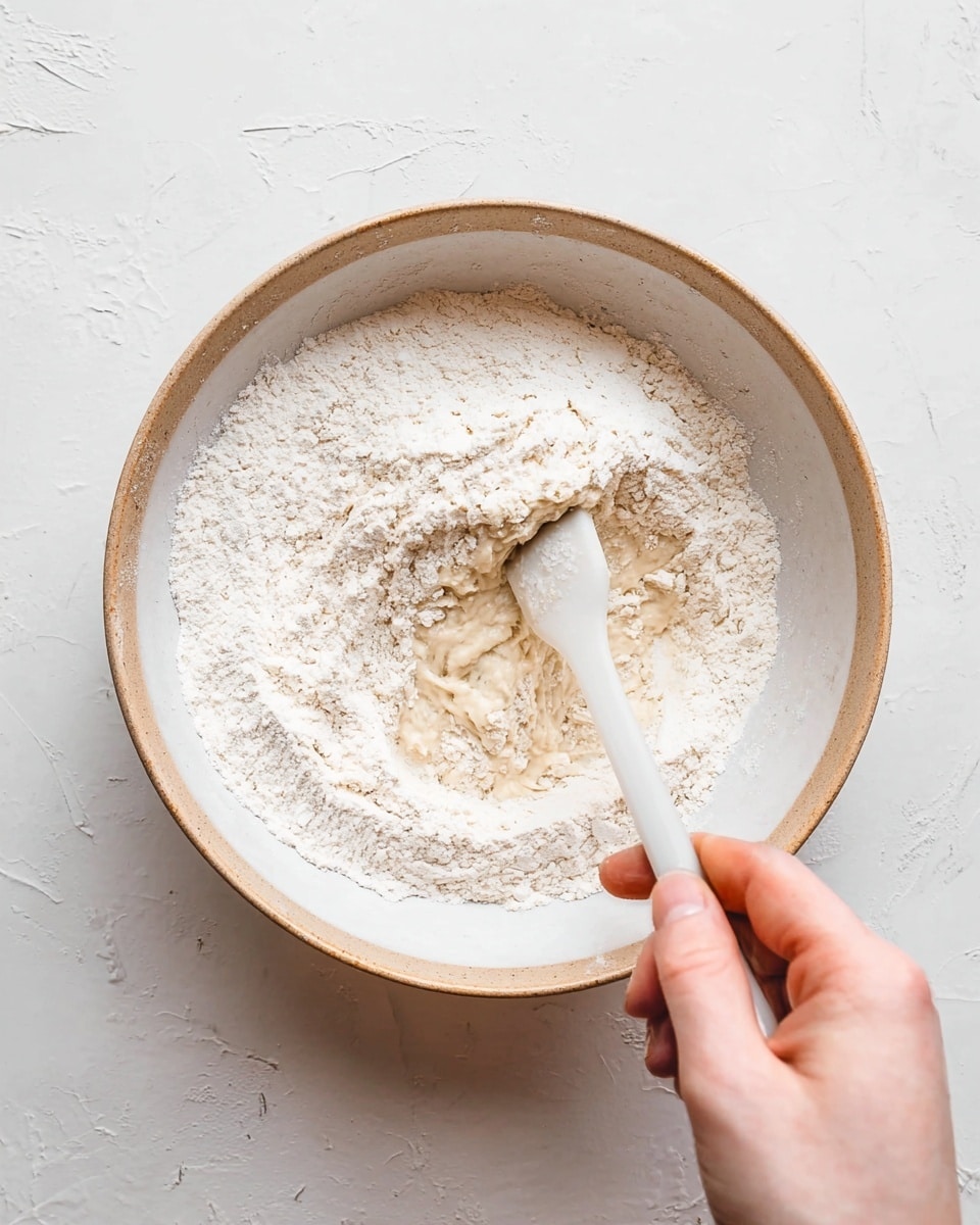 A white bowl with a light brown rim sits on a white marbled surface and holds two layers of dry white flour on the outer edge and a wet dough mix in the middle. A woman's hand is holding a white spatula in the bowl, stirring the wet dough into the flour. The two different textures contrast between the soft flour and the sticky dough in the center. Photo taken with an iphone --ar 4:5 --v 7