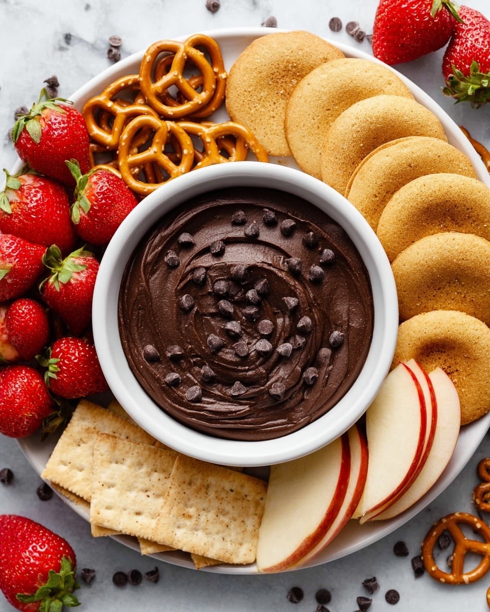 A white bowl filled with smooth, dark brown chocolate hummus swirled in a spiral pattern, topped with small chocolate chips scattered over the surface. Around the bowl, there are fresh bright red strawberries with green tops, twisted light brown pretzels, slices of red and yellow apple arranged in layers, golden brown vanilla wafers, and light tan square crackers. All items are placed on a white marbled surface. photo taken with an iphone --ar 4:5 --v 7