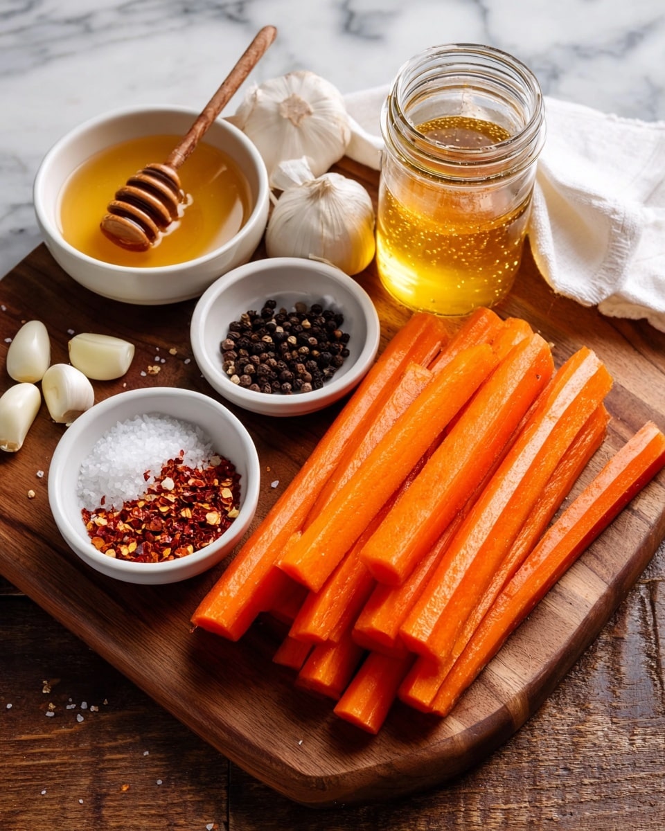 A wooden board holds a pile of bright orange peeled carrots at the front, lying horizontally. Behind the carrots, there are three small white bowls arranged in an arc: one with dark black peppercorns, one with coarse white salt, and one with red chili flakes. To the left, a white bowl filled with golden honey sits with a wooden honey dipper resting inside it. Next to the honey bowl is another white bowl full of red chili flakes. Two small white garlic bulbs sit near a glass jar filled with golden honey or syrup, placed towards the back right. The entire scene is set on a white marbled surface with a white cloth partially visible behind the jar. Photo taken with an iphone --ar 4:5 --v 7