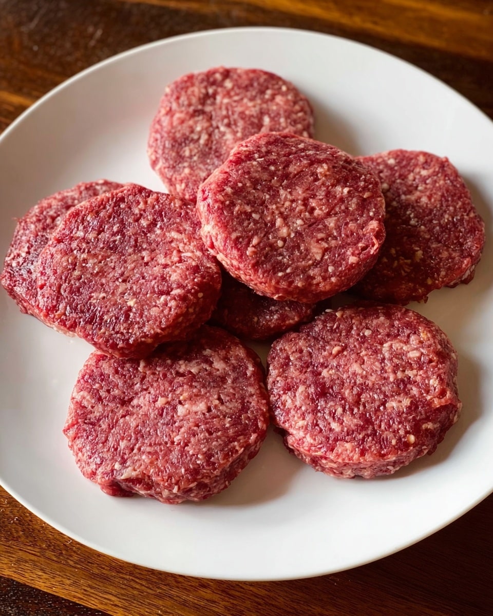 A white plate holds seven raw burger patties arranged in a slightly scattered pattern. Each patty is thick and round with a rough, grainy texture, showing a pinkish-red color mixed with small bits of white fat. The patties have uneven edges and some visible creases, emphasizing their handmade look. The plate sits on a table with a dark wood finish. photo taken with an iphone --ar 4:5 --v 7