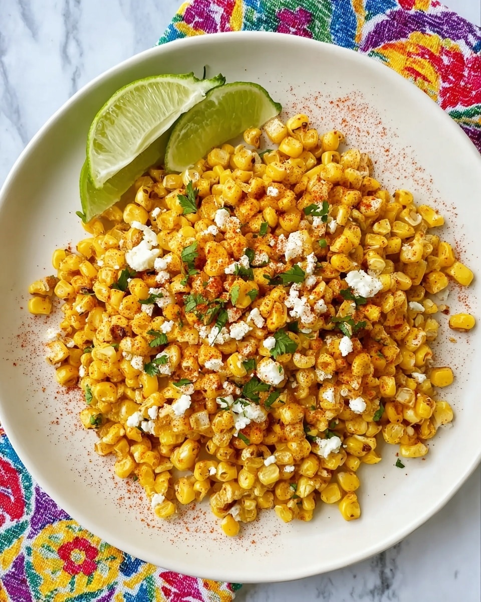A white bowl with a red rim is full of bright yellow corn kernels mixed with small white cheese pieces and green herb bits. The corn looks slightly roasted with hints of brown. There is a light sprinkling of red spice powder on top, adding color contrast and texture. The bowl is set on a cloth with blue, white, and golden patterns, and the whole scene rests on a white marbled surface. In the background, a whole green lime and some corn husks can be seen. Photo taken with an iphone --ar 4:5 --v 7