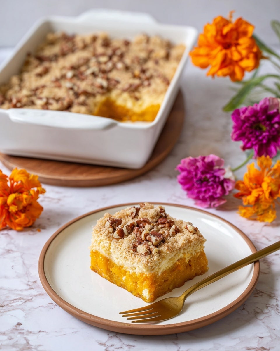 A square white baking dish holds a layered dessert with a golden orange bottom layer, a thick crumbly beige middle layer, and a top sprinkled with darker brown chopped nuts. In the foreground, a single square piece is served on a white plate with a thin brown edge, showing a clear division of the orange base, crumbly middle, and nutty top. A gold fork lies beside the dessert on the plate. Bright orange and purple flowers are placed to the right and bottom of the scene on a white marbled surface. Photo taken with an iphone --ar 4:5 --v 7