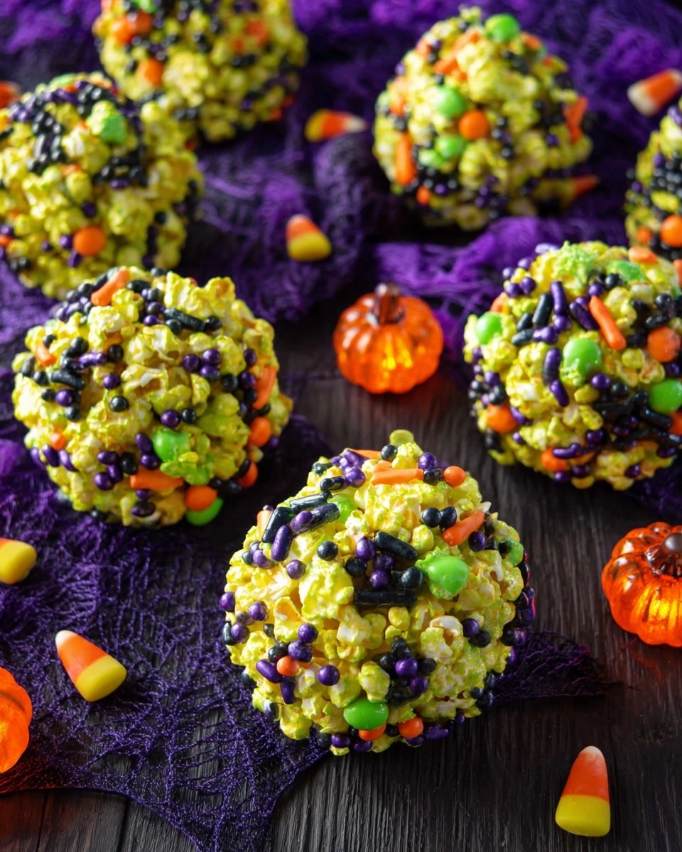 The image shows round popcorn balls with a yellow-green base color, decorated with black, purple, and green sprinkles spread across the surface. There are also orange and green candy pieces embedded in the popcorn balls, giving them a colorful and festive look. The balls are resting on a dark wooden surface covered partly by purple spider web-patterned fabric, with small orange and green candy pieces scattered around. Small shiny orange pumpkin-shaped lights are also placed near the popcorn balls. photo taken with an iphone --ar 4:5 --v 7