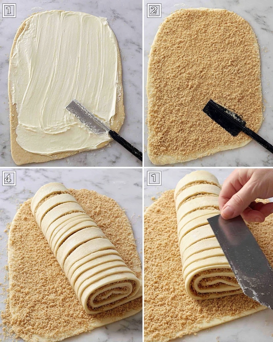 The image shows four steps of making a rolled pastry on a white marbled surface. First, a smooth layer of light cream spread is being applied with a flat black-handled spatula over soft, pale dough rolled flat and wide. Next, a thick layer of fine, light brown crumbly powder evenly covers the dough surface. Then, the dough is sliced into long, even strips using a black pizza cutter, showing clean straight cuts through the powder and dough. Finally, a woman's hand is gently rolling one of the strips inward, forming a spiral with the crumb layer visible inside the roll. photo taken with an iphone --ar 4:5 --v 7