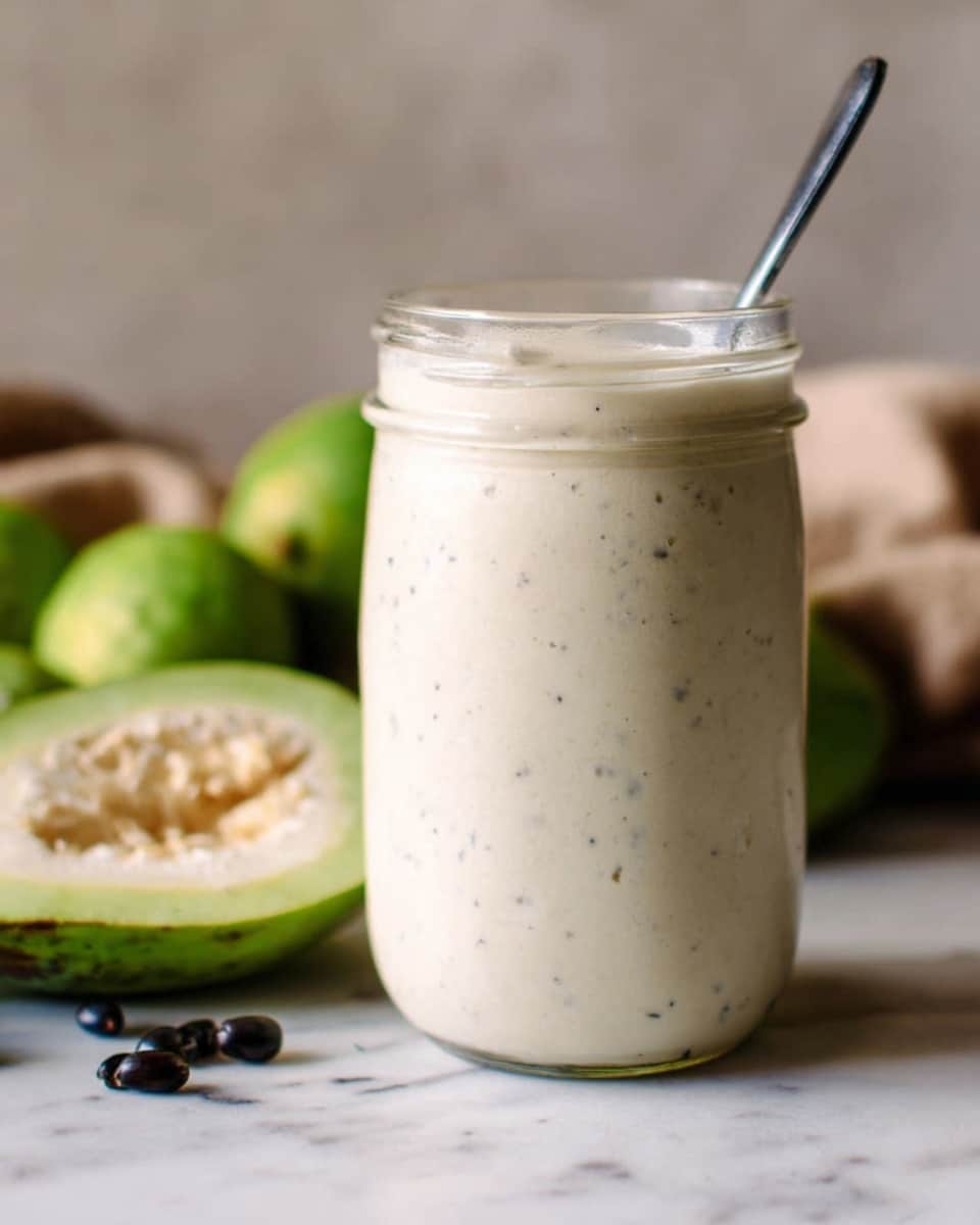 A creamy smoothie in a clear glass jar fills the image center, topped with a frothy, light beige foam with tiny bubbles. A metal straw is placed inside the jar from the left side. Surrounding the jar are several green, oblong fruits with a rough texture and small dark brown spots, resting on a white marbled surface. Two dark oval seeds lay near the jar on the bottom right. The overall color palette is natural green, beige, and white, with soft lighting highlighting the textures. Photo taken with an iphone --ar 4:5 --v 7