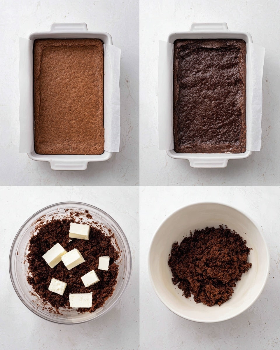 The image shows four sections of a chocolate dessert in progress against a white marbled background. The top left section features a rectangular baked chocolate cake with a slightly wrinkled surface inside a white rectangular baking dish lined with parchment paper. The top right section shows the same dish with the cake removed from the center, leaving a thick chocolate crust around the edges and some crumbs on the white parchment paper. The bottom left section displays a white bowl containing crumbled chocolate cake mixed with several small chunks of white cream cheese. The bottom right section reveals the white bowl again but now with the chocolate crumbs and cream cheese mixed into a homogeneous dark chocolate crumbly mixture. photo taken with an iphone --ar 4:5 --v 7