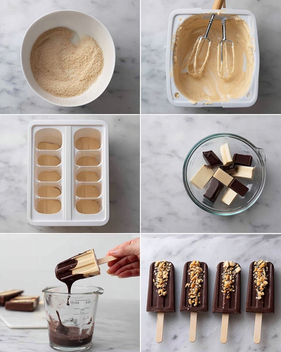 The image shows six steps of making popsicles arranged in a grid over a white marbled surface. Top left shows a white bowl with a coarse beige mixture and sugar in the middle. Top right shows the same bowl with a smooth, light beige creamy mixture being mixed with beaters. Middle left shows a white popsicle mold filled with the light beige mixture and wooden sticks inserted. Middle right shows a glass measuring cup with round pieces of dark and white chocolate inside. Bottom left shows a woman's hand dipping a frozen beige popsicle into melted dark chocolate inside the glass measuring cup. Bottom right shows three finished popsicles with a top half dipped in dark chocolate garnished with crushed nuts on a white marbled surface. Photo taken with an iphone --ar 4:5 --v 7
