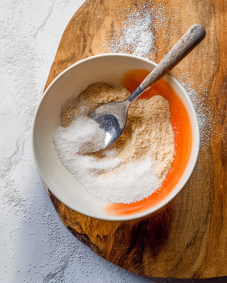A white bowl with an orange inside holds a light brown powdery ingredient as the base layer, topped with a fine white granular layer spread unevenly on top. A metal spoon with a wooden handle is resting inside the bowl, scooping a small amount of the white granules from the top. The bowl sits on a rustic wooden board with visible grain, placed on a white marbled surface with some spilled white granules around. photo taken with an iphone --ar 4:5 --v 7
