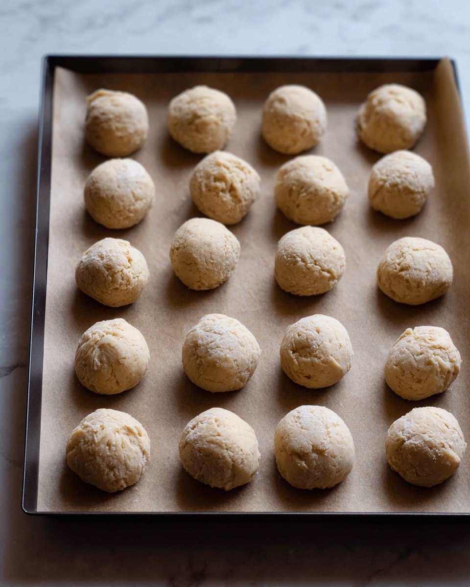 The image shows around fifteen dough balls placed evenly on a baking tray lined with parchment paper. Each dough ball is light beige with a rough and slightly dry texture, forming round shapes about the size of a small walnut. The balls are arranged in several neat rows on the tray. The background and surface under the tray is a white marbled texture. Photo taken with an iphone --ar 4:5 --v 7