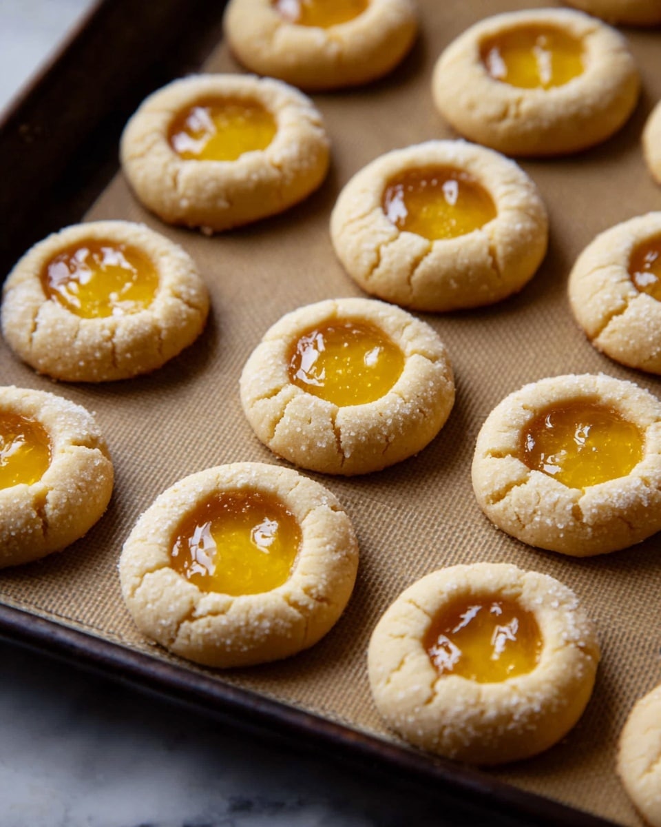 The image shows a baking tray filled with round thumbprint cookies, each cookie having a light golden-brown color with a soft, crumbly texture. Each cookie has a small, smooth round well in its center filled with a glossy, bright yellow jam-like filling. The cookies are arranged in neat rows on the brown-lined tray, spaced evenly apart. The tray itself has dark edges and rests on a white marbled surface. Photo taken with an iphone --ar 4:5 --v 7