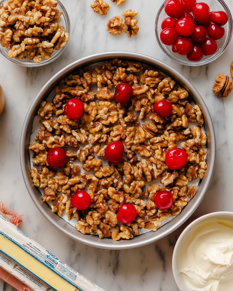 A round baking pan is filled with one layer of walnut halves covering the entire bottom surface. The walnuts are brown and rough in texture, placed closely together and spread evenly. On top, six bright red cherries are spaced out on the walnuts in a scattered pattern, standing out with their smooth, shiny surface. The background is a white marbled texture with small bowls of extra walnuts and cherries placed around the pan, along with a wrapped stick of butter and a small bowl of cream cheese. Photo taken with an iphone --ar 4:5 --v 7