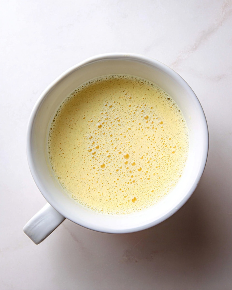 The image shows a white bowl filled with a light yellow mixture with a foam texture on the surface. The mixture looks smooth and has many small bubbles evenly spread over the top layer. The bowl has a simple design with a handle on the left side and is placed on a white marbled surface. The lighting is soft, enhancing the creamy texture of the mixture inside the bowl. photo taken with an iphone --ar 4:5 --v 7
