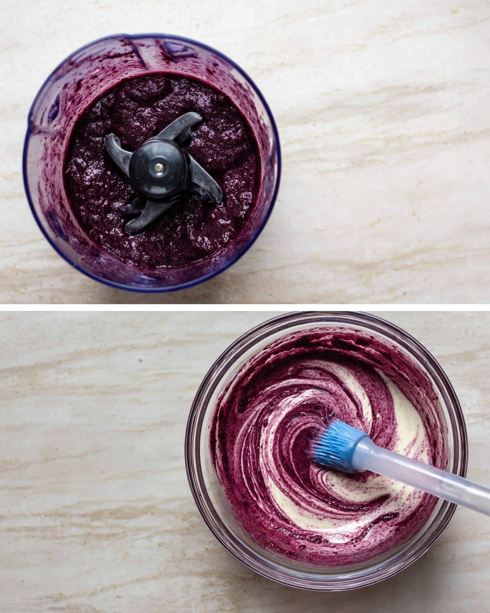 The image shows a top view of a clear blender container filled with dark purple mixed fruit puree, next to its black lid with a star-shaped blade coated in the same purple puree, all placed on a white marbled textured surface. Beside it is a clear glass bowl containing a mixture of the dark purple puree and a lighter, creamy white substance being stirred with a clear spatula with a blue tip, creating a swirling pattern of purple and white inside the bowl. photo taken with an iphone --ar 4:5 --v 7
