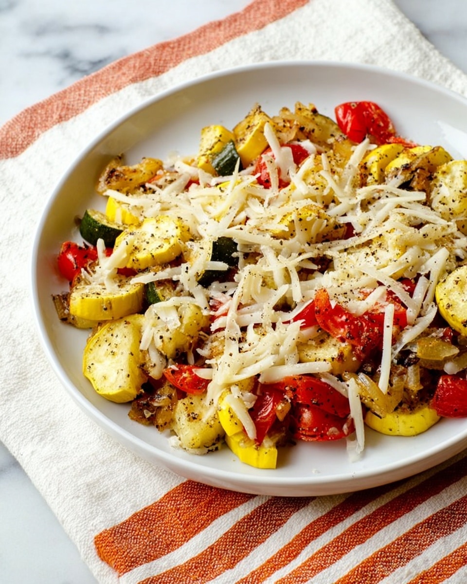 A white plate holds a colorful mix of cooked vegetables layered in one even layer, featuring yellow squash slices, green zucchini pieces, halved red cherry tomatoes, and bits of cooked onions. The vegetables have a slightly browned, soft texture with visible black pepper seasoning sprinkled across. On top of this vegetable mix, shredded off-white cheese is scattered unevenly, melting gently into the warm vegetables. The plate sits on a white and orange striped cloth, all set against a white marbled background. Photo taken with an iphone --ar 4:5 --v 7