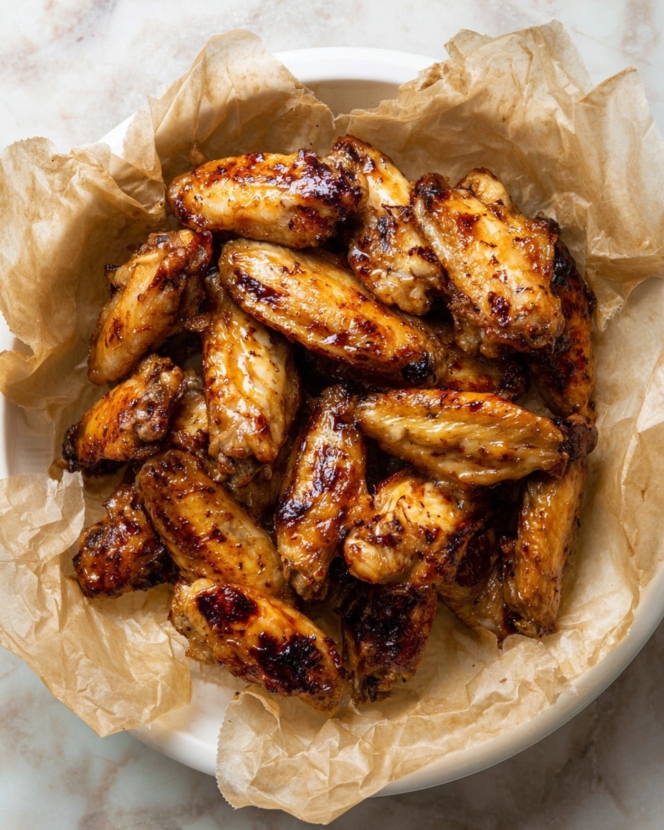 A round white plate holds crumpled light brown parchment paper that lines it, filled with a pile of golden-brown chicken wings glazed with a shiny, slightly sticky sauce. The wings have a mix of darker browned spots and lighter golden areas, showing a well-cooked, slightly charred texture. The background shows a white marbled surface. photo taken with an iphone --ar 4:5 --v 7