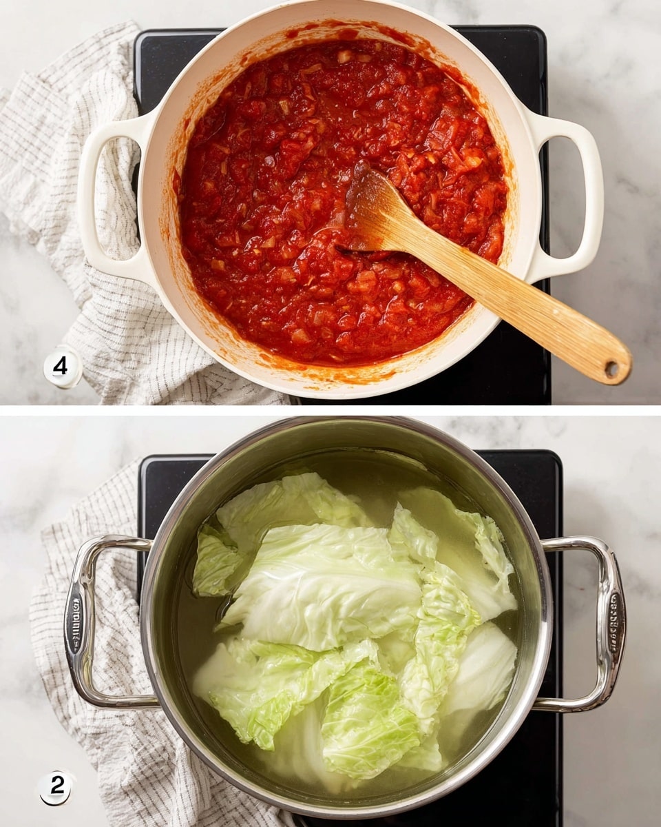 Two images stacked vertically on a white marbled surface, each showing a cooking pot on a black stovetop with a white and gray towel nearby. The top image shows a white pot filled with thick red tomato sauce containing small bits of onion, stirred by a wooden spoon with a light wooden handle resting inside the pot. The inside walls of the pot have some sauce splattered on them. The bottom image shows a stainless steel pot with large, pale green cabbage leaves partially submerged in clear boiling water. Both pots are centered in the frame, with simple and clean kitchen styling. Photo taken with an iphone --ar 4:5 --v 7