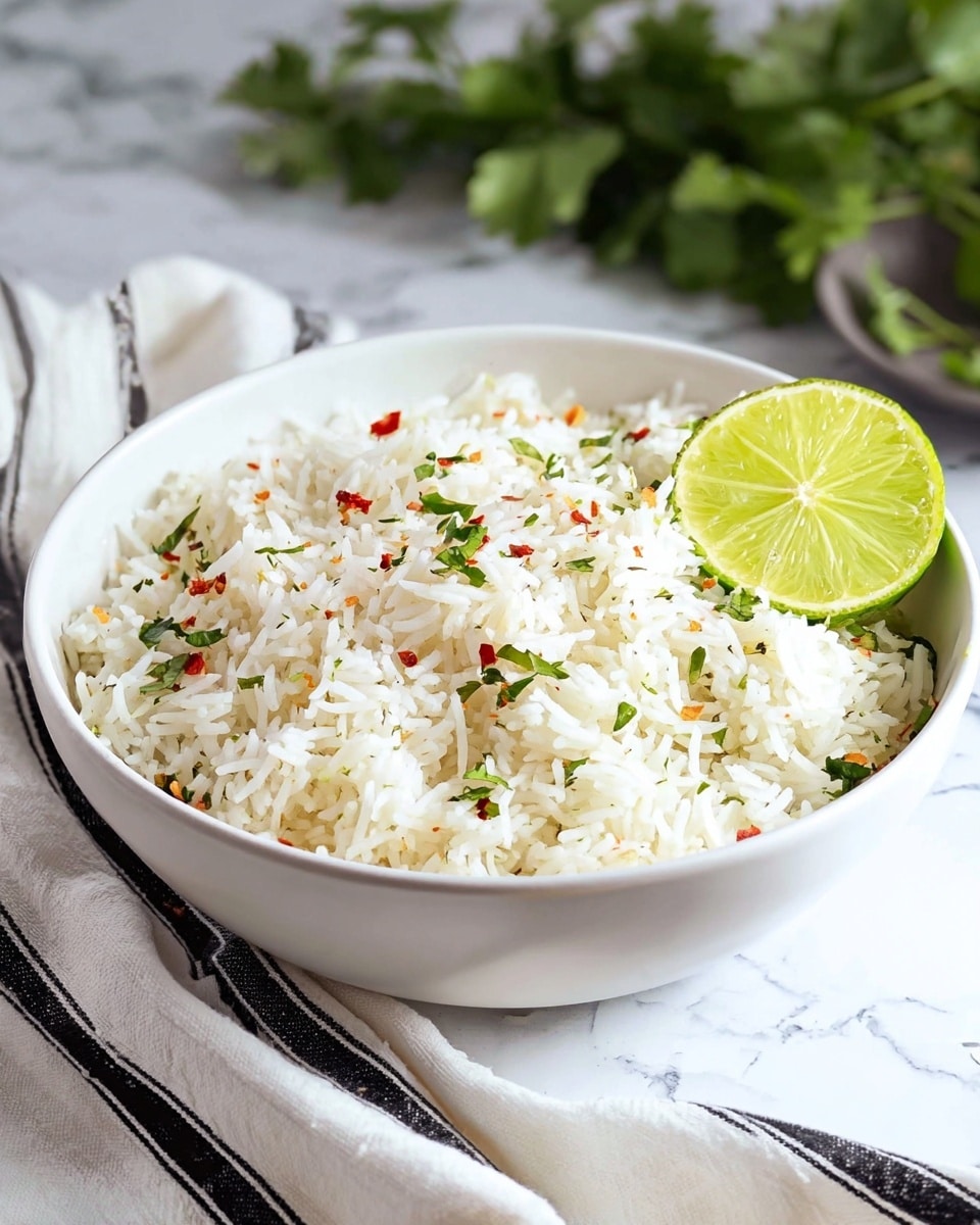 A white bowl filled with fluffy white rice mixed with small pieces of green herbs and red chili flakes, topped with a small wedge of light green lime on the side. The rice grains look separated and soft, with bits of dark green cilantro scattered throughout. The bowl is placed on a soft striped white and dark blue cloth, with green leaves partially visible on the white marbled surface underneath. A wooden spoon rests near the cloth, adding a natural touch to the setting. Photo taken with an iphone --ar 4:5 --v 7
