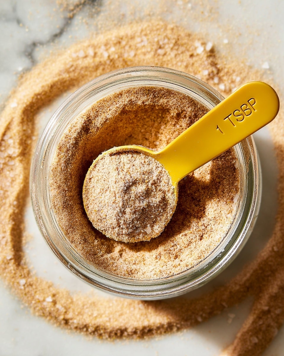 The image shows a close-up of a clear glass jar filled with a light brown powder that has a grainy texture with white salt crystals mixed in. Inside the jar, a yellow measuring spoon labeled