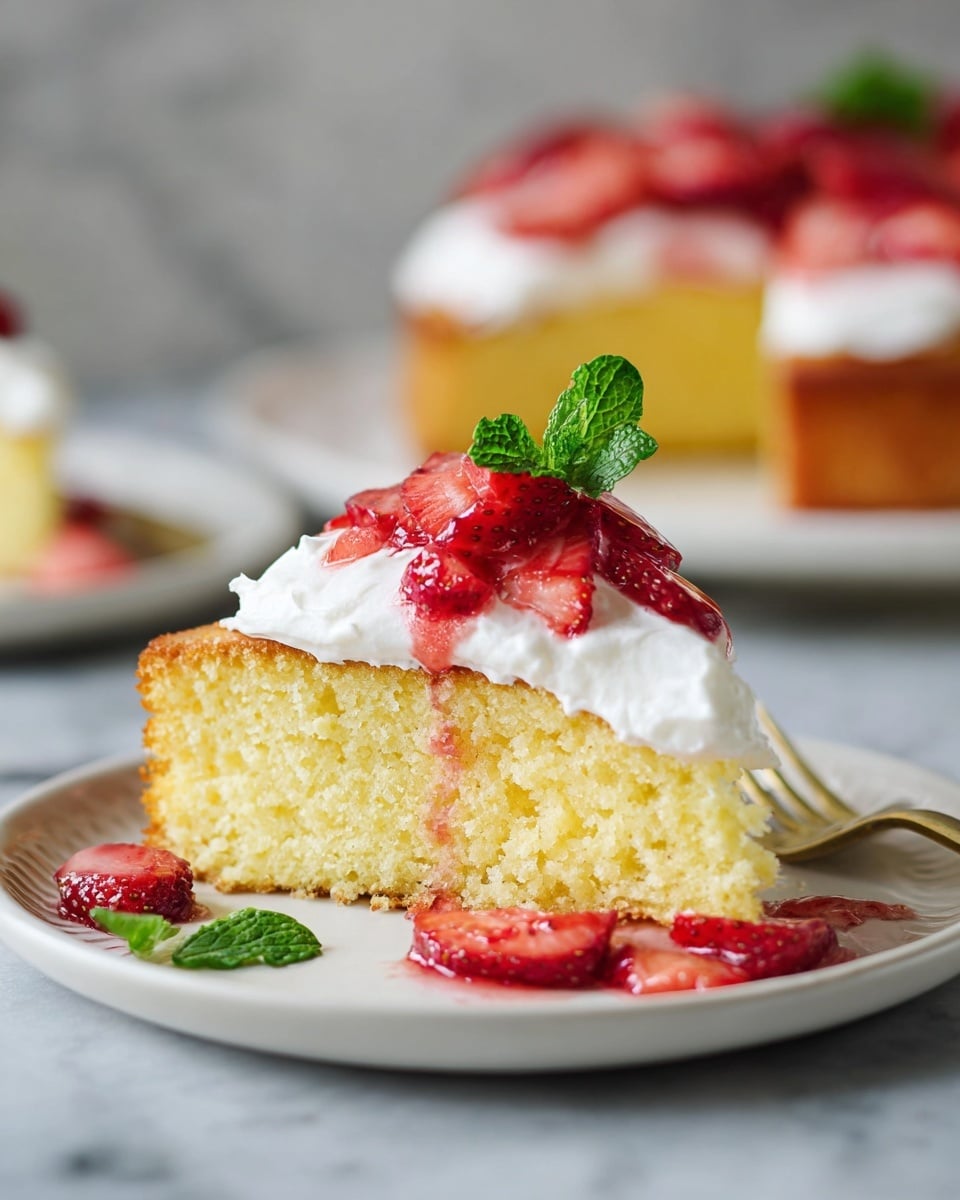 A slice of light yellow cake with a soft, moist texture and golden brown edges sits on a white plate. On top, there is a thick layer of white whipped cream, covered with bright red sliced strawberries that have a shiny, juicy look. A small green mint leaf adds a fresh touch on top of the strawberries. Some strawberry juice drips down the side of the cake onto the plate, where a few strawberry pieces and another mint leaf lie. In the blurred background, a larger cake and another slice with similar toppings are visible, all set on a white marbled surface. photo taken with an iphone --ar 4:5 --v 7