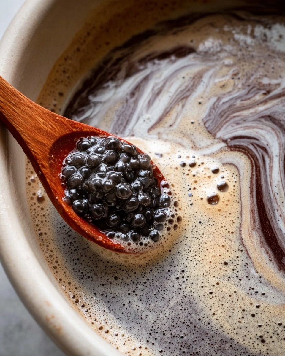 A close-up view of a wooden spoon holding small, shiny black tapioca pearls, partially submerged in a mixture of swirling light brown and dark brown liquid inside a large white bowl, set on a white marbled surface. The liquid shows a foamy texture on top with bubbles and a marbled swirl pattern. Photo taken with an iphone --ar 4:5 --v 7