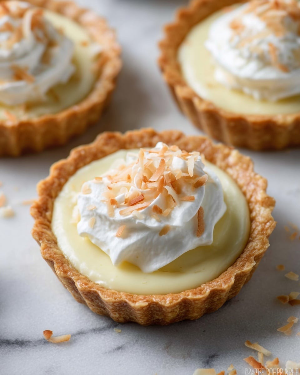 Three small tartlets sit closely on a white marbled surface, each with a golden-brown crust. The crust forms the base and a scalloped edge, holding a thick, smooth layer of creamy pale yellow filling. One tartlet in front is topped with a fluffy white swirl of whipped cream and a sprinkle of toasted coconut flakes, adding texture and light brown color contrast. The other two tartlets in the background are simpler, showing only the creamy filling with soft natural light highlighting their details. Photo taken with an iphone --ar 4:5 --v 7
