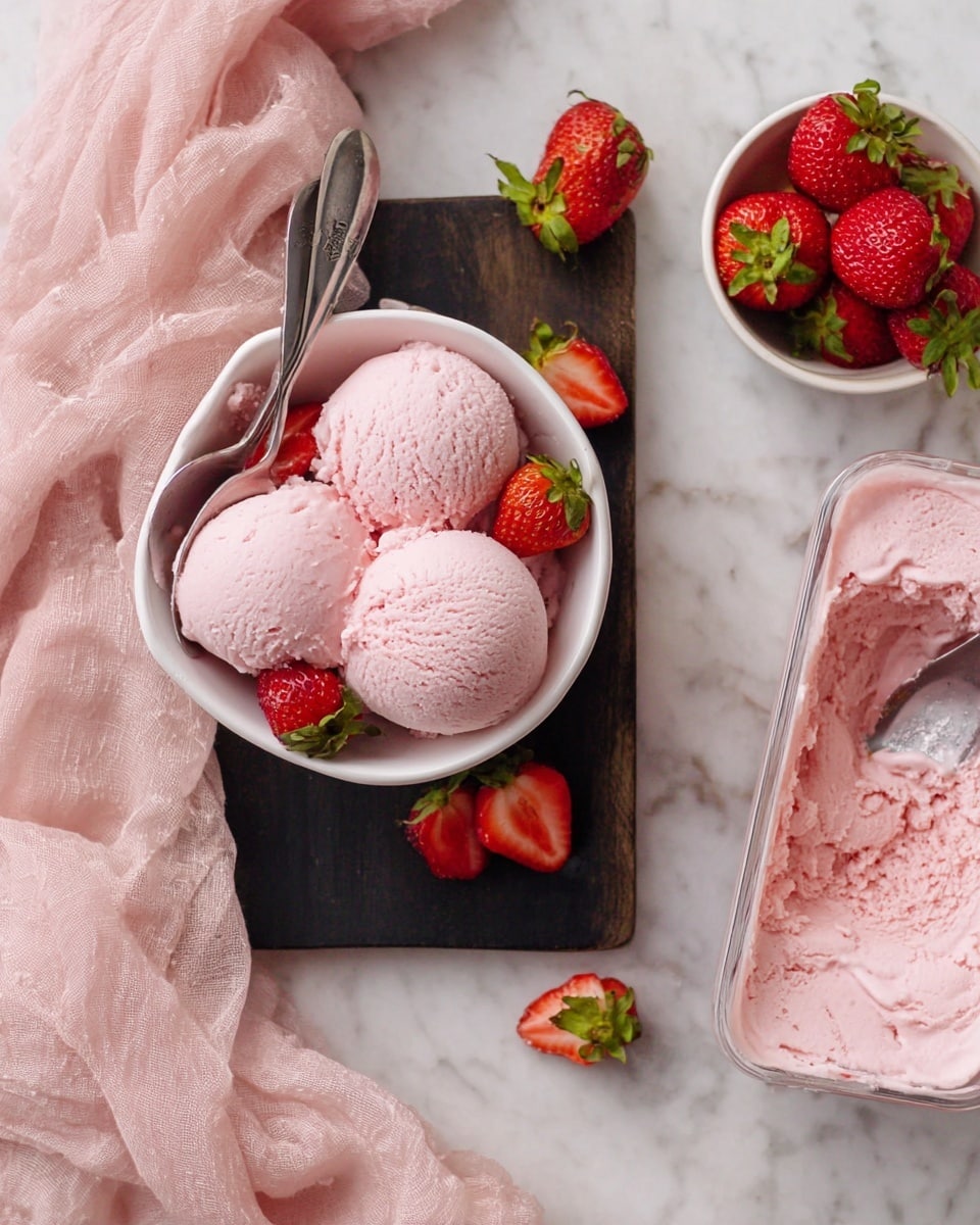 Four scoops of light pink strawberry ice cream fill a white bowl placed on a black wooden board. Fresh whole and halved strawberries with green leaves decorate the ice cream, adding a red and green contrast. A silver spoon rests inside the bowl. To the right, a clear rectangular container shows more of the same pink ice cream with a scoop taken out. In the background, a small white bowl holds additional fresh strawberries. A soft pink cloth drapes softly over the white marbled surface around the bowls. photo taken with an iphone --ar 4:5 --v 7