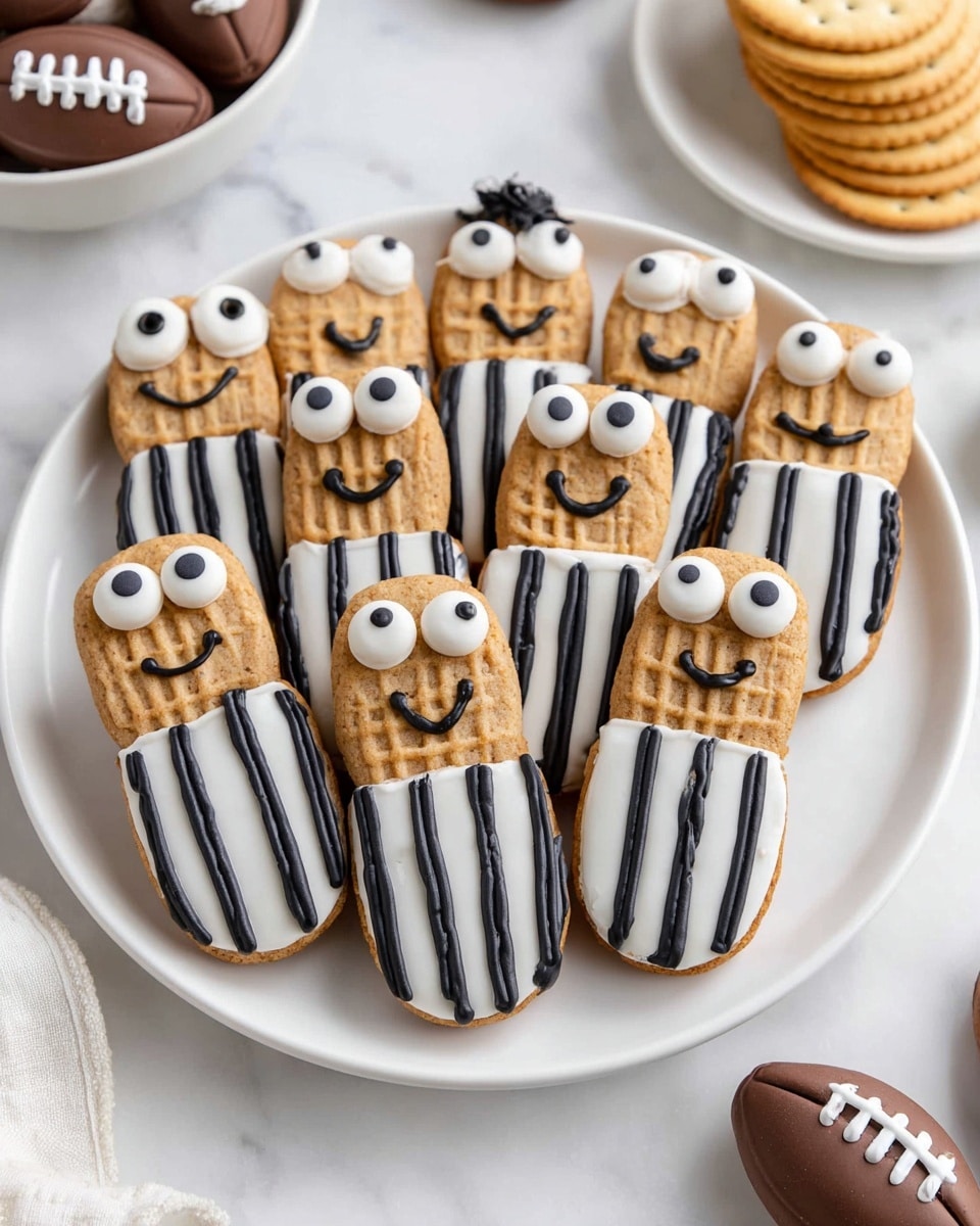 The image shows a white plate with nine peanut-shaped cookie sandwiches arranged in a close group. Each cookie sandwich has two light brown peanut-shaped cookie layers with a creamy filling in between. The bottom half of each cookie sandwich is dipped in white icing, decorated with vertical black lines resembling referee shirts. The top cookie has two large white candy eyes with black pupils and faces drawn with black icing showing different expressions like smiles and frowns. The cookies have small black icing details like hair and buttons on the shirt. The plate is on a white marbled surface with chocolate football-shaped candies with white icing and stacked light brown round crackers visible in the background. Photo taken with an iphone --ar 4:5 --v 7