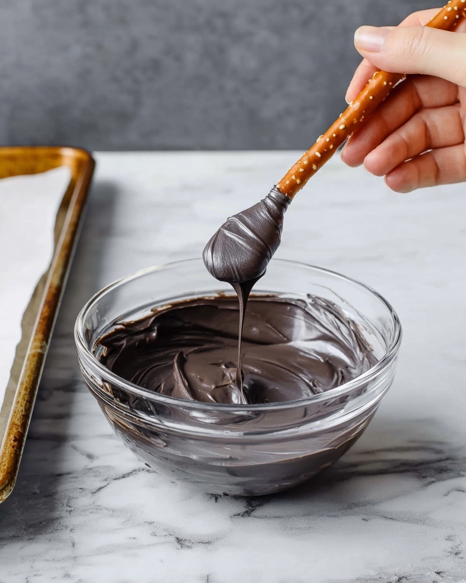 A clear glass bowl filled with thick, smooth, dark grey chocolate cream sits on a white marbled surface. A pretzel stick is partially dipped in the cream, showing a shiny, evenly coated layer covering most of its length. A woman's hand holds a small spoon above the bowl, lifting some of the cream in a flowing motion, highlighting the creamy texture. To the left is a baking sheet lined with white parchment paper. Photo taken with an iphone --ar 4:5 --v 7