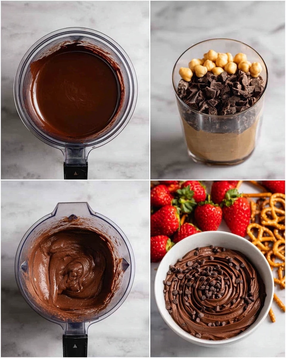 The collage shows four images describing a chocolate dip making process. The top left image has a clear glass bowl filled with smooth, dark brown melted chocolate with shiny texture. The top right image shows a clear blender cup with layers of light brown peanut butter at the bottom and chunky, dark brown roasted chickpeas on top, on a white marbled surface. The bottom left image shows the same blender cup with the chocolate and chickpeas blended into a thick dark brown creamy mixture. The bottom right image has a white bowl filled with the thick chocolate dip, swirled on top with small chocolate chips sprinkled over it, placed next to some pretzels and fresh bright red strawberries on a white marbled surface. Photo taken with an iphone --ar 4:5 --v 7