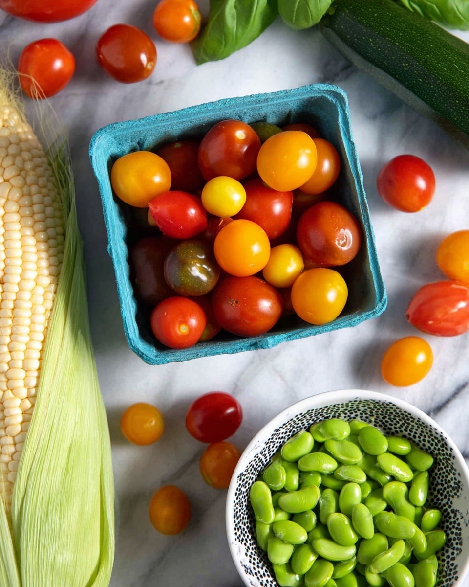 A blue square container holds a mix of small tomatoes in red, yellow, and orange colors with smooth shiny skins. Around the container, loose tomatoes in similar colors are scattered on a white marbled surface. At the top right, fresh green basil leaves add texture and color contrast. On the right edge, a dark green zucchini lies horizontally, and on the left side, an ear of corn with yellow kernels and green husk peeks in vertically. In the lower right corner, a white bowl with dark patterns is filled with bright green shelled edamame beans. Photo taken with an iphone --ar 4:5 --v 7
