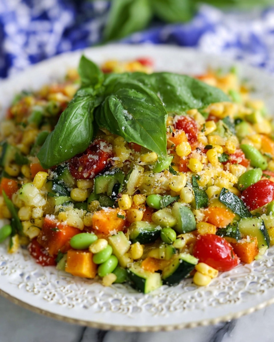 A close-up of a colorful vegetable salad on a white plate with a delicate lace pattern. The salad has many layers of small yellow corn kernels, bright green edamame, diced green zucchini, and orange bell pepper pieces. Scattered red cherry tomatoes cut in halves add pops of color. Large fresh green basil leaves rest on top, with grated light cheese sprinkled over the salad, giving a slightly powdery texture. The plate sits on a white marbled surface with a blurred blue and white cloth background. photo taken with an iphone --ar 4:5 --v 7