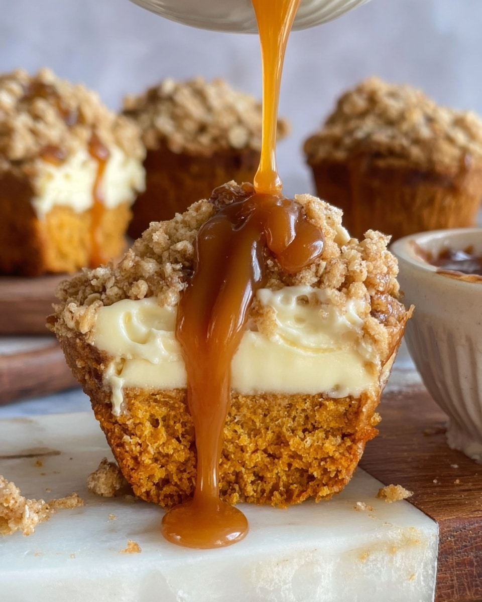 The image shows a close-up of a sliced muffin with three visible layers. The bottom layer is a soft, moist orange-brown cake texture. The middle layer is a creamy pale yellow filling with a smooth texture. The top layer is a crumbly streusel with light tan oats and small chunks. A glossy caramel sauce is being poured over the muffin from above, dripping down the filling and crumbly topping. The muffin sits on a wooden board with a white marbled surface underneath. In the background, blurred white bowls filled with more crumbly muffins appear. Photo taken with an iphone --ar 4:5 --v 7