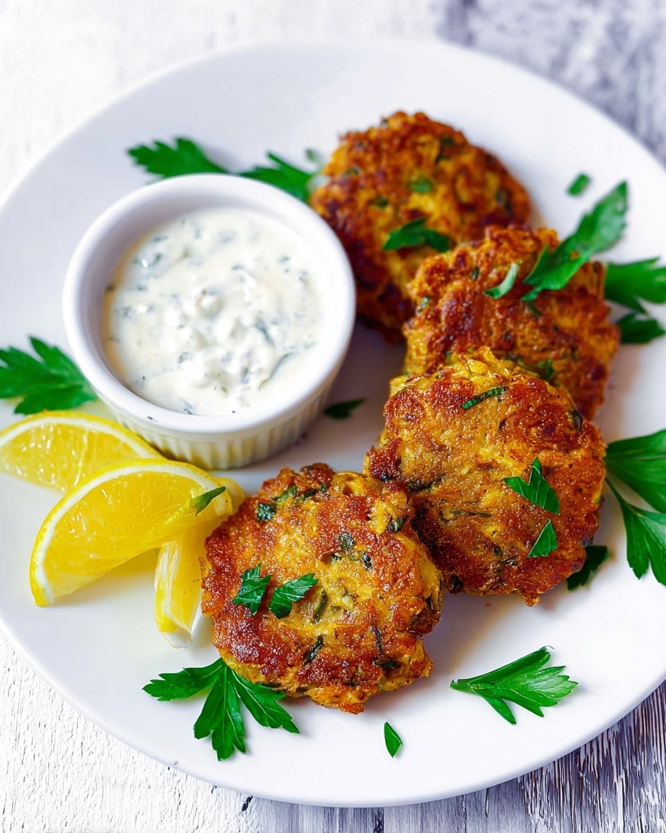 A white plate on a white marbled surface holds five golden-brown patties with a crispy texture, scattered with green parsley leaves on top and around them. To the upper left of the patties, a white ramekin contains a creamy white sauce with small green herb bits. On the upper right side of the plate, two lemon wedges with bright yellow flesh and white rinds lean against the patties. The overall look is fresh, crispy, and colorful with a balance of warm and cool tones. photo taken with an iphone --ar 4:5 --v 7