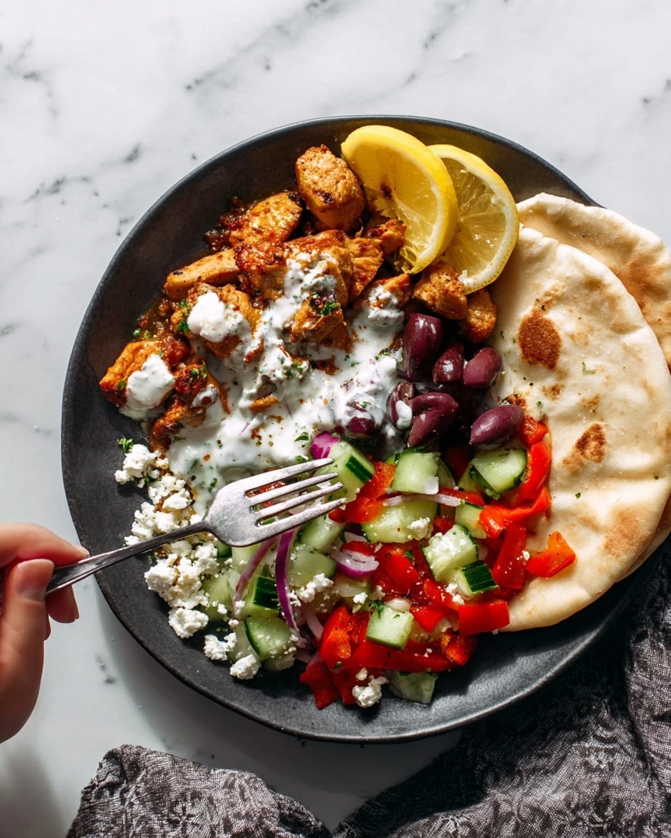 A white round plate on a white marbled surface holds a colorful Mediterranean dish with five main parts: folded warm flatbread on the right side, a lemon wedge with dark purple olives next to it, golden brown chicken pieces at the bottom center, fresh diced cucumber and red bell peppers mixed on the left side sprinkled with white crumbly cheese, and thick white creamy sauce poured over the chicken in the middle. A woman's hand is holding a fork poking the chicken. The photo is taken with an iphone --ar 4:5 --v 7