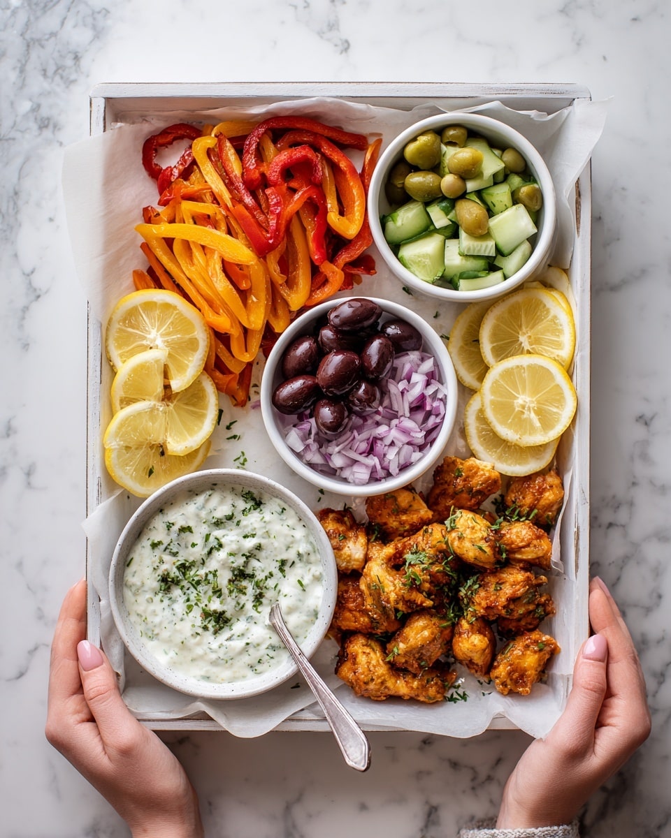 A white rectangular tray lined with parchment paper holds several colorful food sections: at the top left, a pile of cooked orange and red bell pepper strips; at the top center, a small white bowl filled with dark purple olives; next to the olives, a larger white bowl with small green cucumber cubes; lemon slices are placed along the top and left edges of the tray; in the bottom left corner, a white bowl of thick white sauce with green herbs and a silver spoon inside; near the bottom center, a small white bowl containing finely chopped red onions; the remaining right half of the tray is filled with golden brown cooked chicken pieces; the tray is held from below by two woman's hands, all set against a white marbled surface photo taken with an iphone --ar 4:5 --v 7