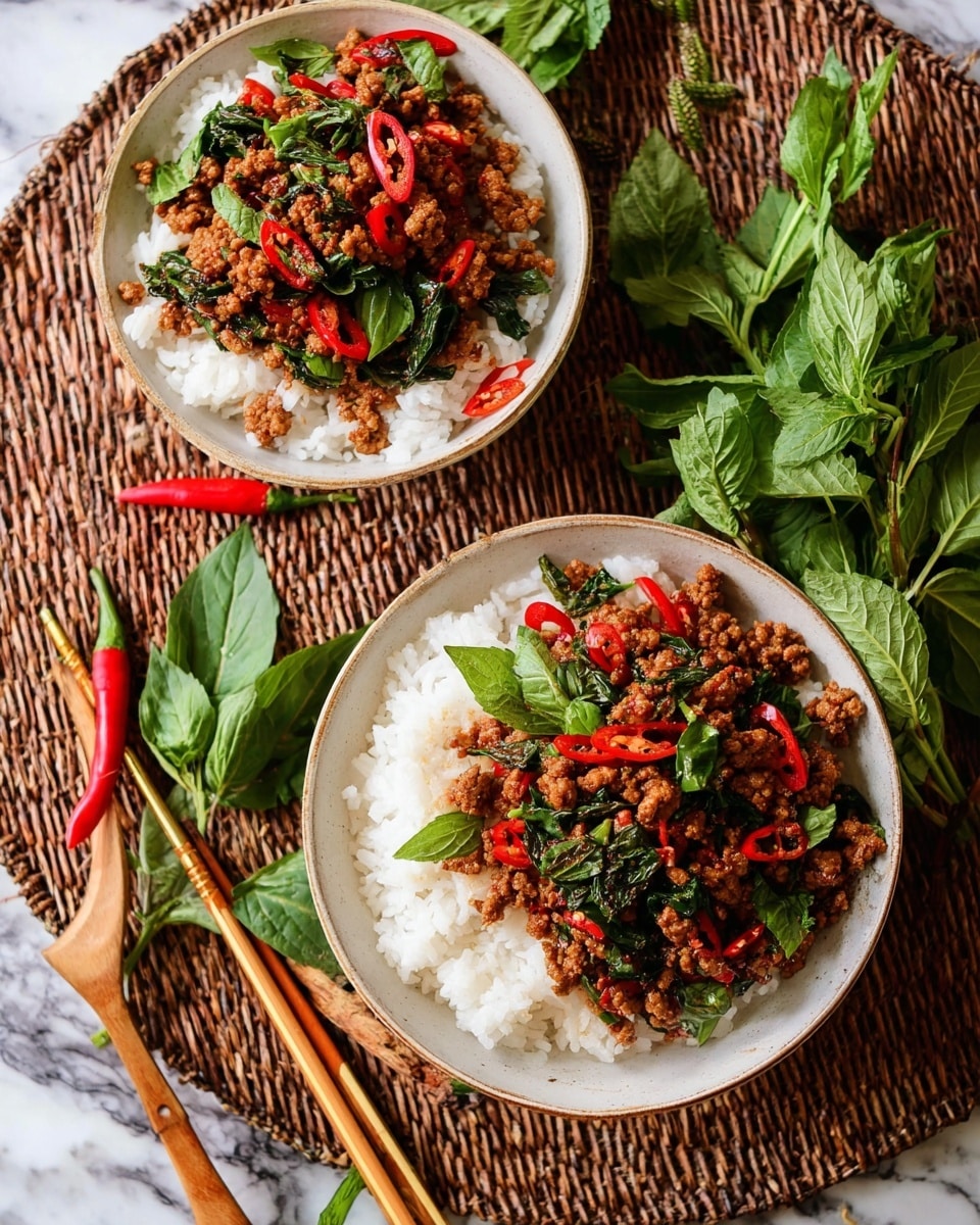 Two white bowls filled with white rice at the bottom layer, topped with a second layer of cooked ground meat mixed with red chili slices and bright green leafy herbs scattered evenly over the meat. The bowls are placed on a woven mat that sits on a white marbled surface. Around the bowls, there are fresh green herbs and whole red chili peppers adding bright color to the setting, with several wooden chopsticks resting nearby. photo taken with an iphone --ar 4:5 --v 7