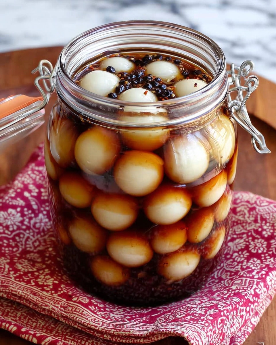 A clear glass jar filled with small white balls, likely pickled onions, fully covered in a dark brown liquid with some black peppercorns floating at the top. The jar has a metal clasp lid and is placed on a folded red and white patterned cloth, set on a wooden surface. The onions are shiny and smooth, tightly packed inside the jar, with the dark liquid creating a glossy, rich contrast to the pale white of the onions. The background is a white marbled texture. photo taken with an iphone --ar 4:5 --v 7