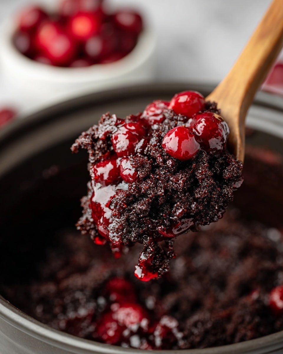 A spoon with a wooden handle holds a scoop of dark brown crumbled cake mixed with bright red cherries covered in a shiny, thick sauce. The spoon is over a dark round pot or dish filled with more of the same crumbly chocolate cake and cherry mixture. In the background, there are blurred red cherries in a white bowl, all set on a white marbled surface. photo taken with an iphone --ar 4:5 --v 7