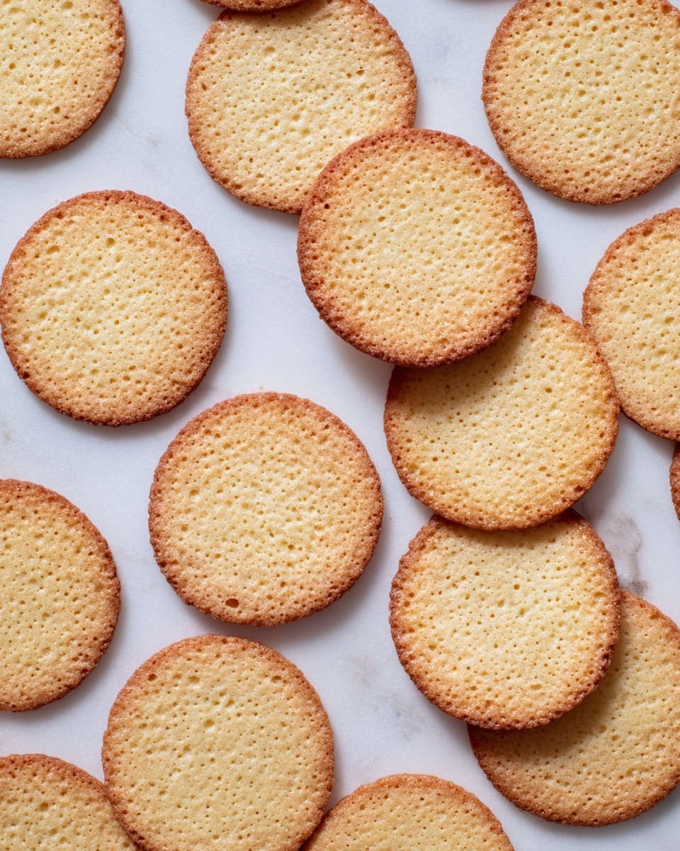 Thin, round cookies with a golden-brown edge and a light beige center are laid out on white parchment paper, spread evenly without overlapping. The cookies have a slightly rough texture with small air holes on their surface, showing their crispiness. The white marbled surface underneath the paper is partly visible around the edges, adding a clean and bright contrast to the warm tones of the cookies. photo taken with an iphone --ar 4:5 --v 7