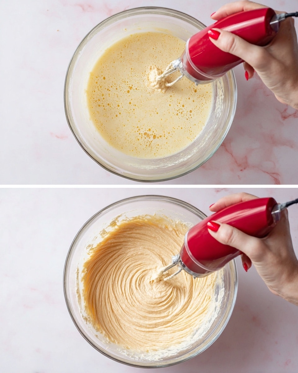 Two images show a clear glass bowl on a white marbled surface with batter inside. The first image shows a pale yellow liquid batter with small bubbles and some swirls, being mixed with a red hand mixer held by a woman's hand with red nails. The second image shows the same bowl with a thicker, cream-colored batter that has a textured, swirled pattern as it is being mixed with the red hand mixer held by the same woman's hand. photo taken with an iphone --ar 4:5 --v 7