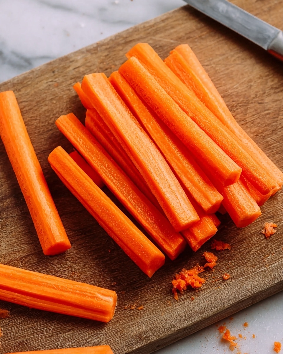 The image shows a pile of peeled carrot sticks neatly stacked on a wooden chopping board. Each carrot stick is long and thick with a bright orange color and smooth texture. The sticks are mostly in parallel lines with one small piece separated in front. The wooden board has a rough, natural texture with small bits of carrot scattered around. In the top right corner, part of a metal knife is visible resting on the board. The background is a white marbled surface. Photo taken with an iphone --ar 4:5 --v 7